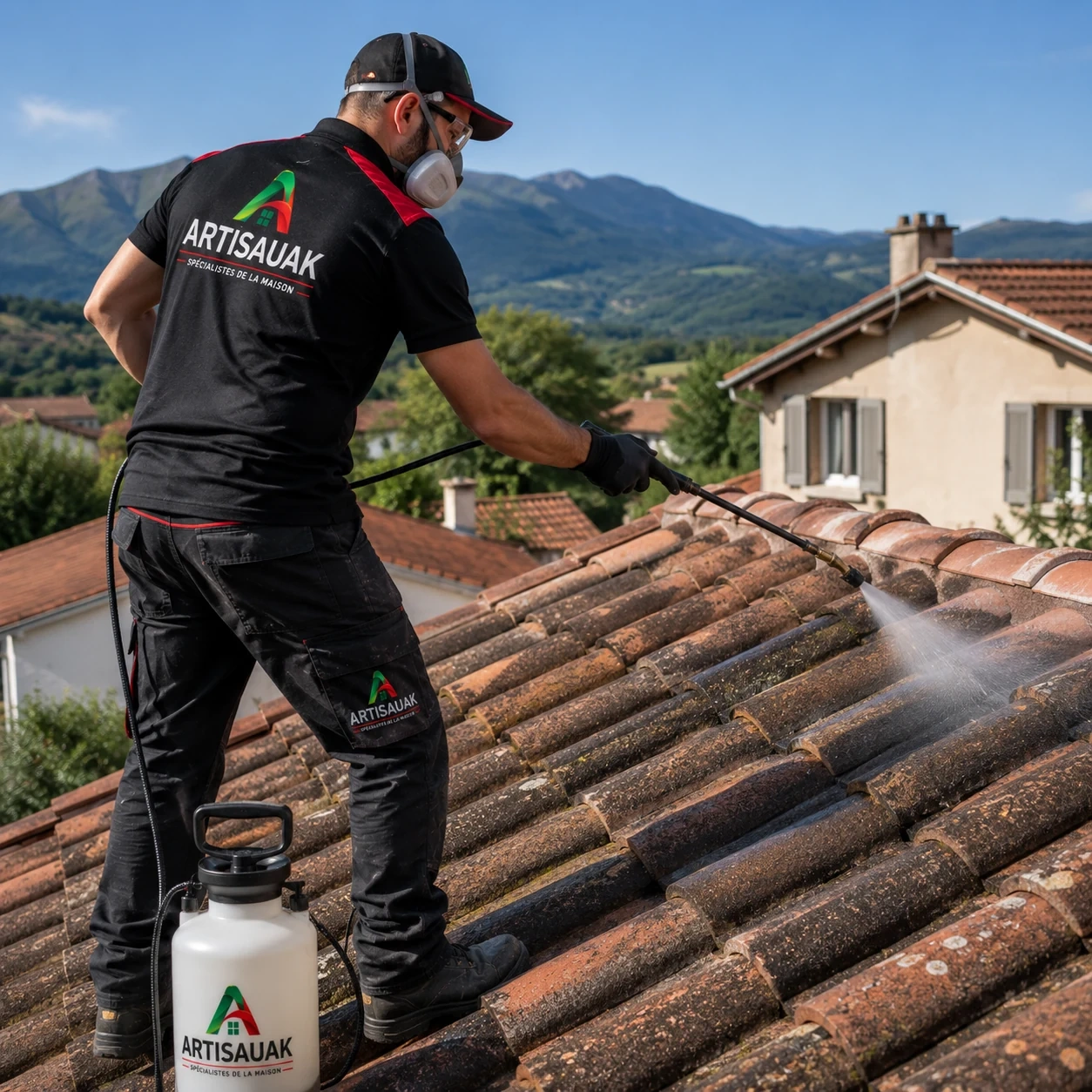 Technicien ARTISAUAK réalisant un traitement de toiture