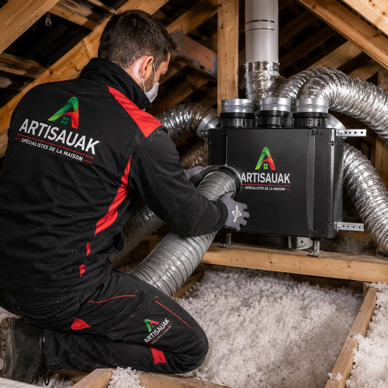 Technicien ARTISAUAK installant un système de ventilation VMC